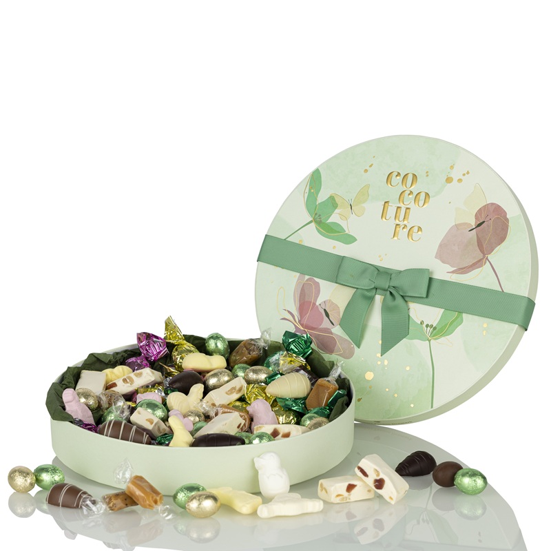 Mix á kugler, påskeskum, folieæg, fr. nougat, karameller, marciæg i grøn rund